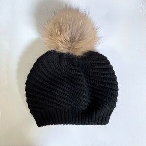 Annabelle New York Black Knit Beanie Hat w/ Real Raccoon Fur Pom One Size